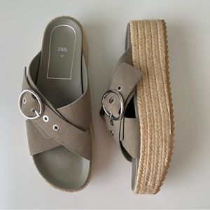 ZARA Suede Platform Espadrille Slide Sandals Buckle Strap Taupe Green Flatform